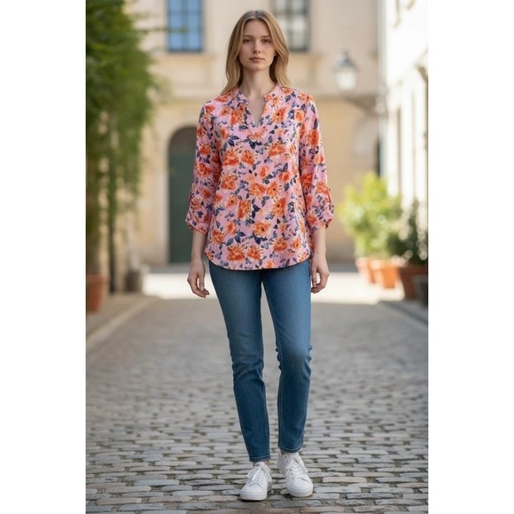 Dear Scarlett Tops - Dear Scarlett Womens Pink‎ Orange Floral Split Neck 3/4 Roll Tab Sleeve Blouse M